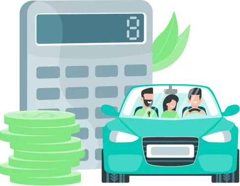 Illustration of a savings calculator and a carpooling car with coins